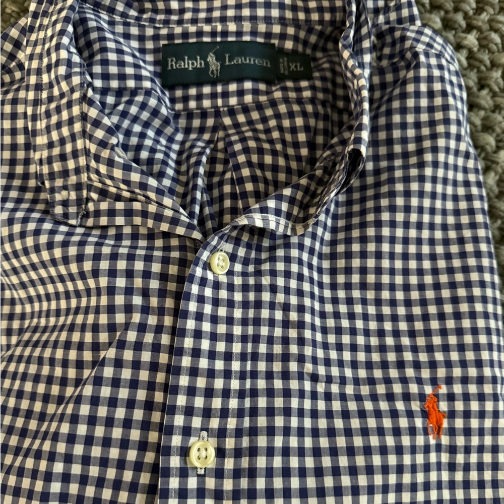 Ralph Lauren Navy and White Gingham Button-Down Shirt with Orange Pony